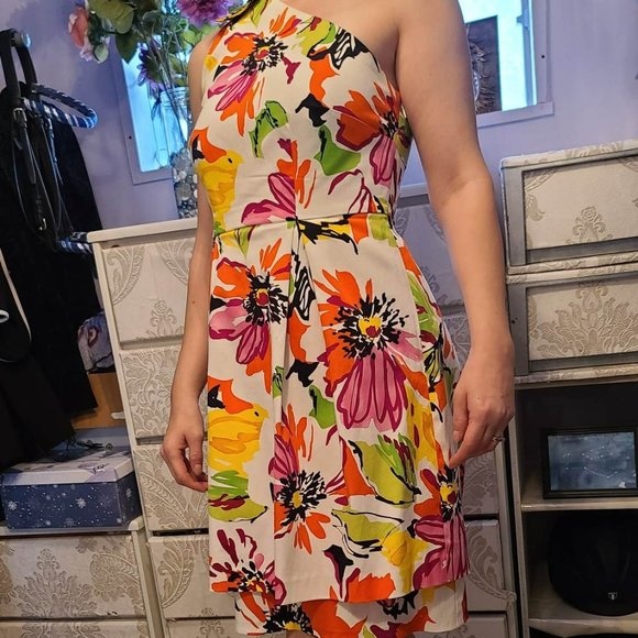 Jacob size 6 one shoulder multicolour white day dress, made in Canada - Picture 1 of 3